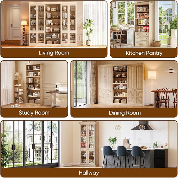 70.8" Tall Farmhouse Bookshelf with Glass Doors, Modular Bookcase with 6-Tier Adjustable Shelves, Large Storage Cabinet for Kitchen, Living Room, Brown, Set of 3