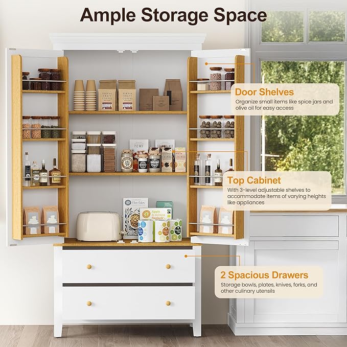 RoyalCraft 70'' Tall Kitchen Pantry Cabinet, Large Storage Cabinet with 8 Door Shelves, White Kitchen Cabinet with 2 Drawers & Adjustable Shelves for Dining Room, Living Room, Laundry