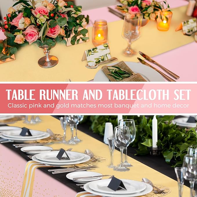 Tudomro 16 Pieces Pink and Gold Disposable Plastic Tablecloths and Satin Table Runner Set 54x108 Inch Tablecloth 12x108 Inch Table Runners for New Year Wedding Birthday Baby Shower Graduation