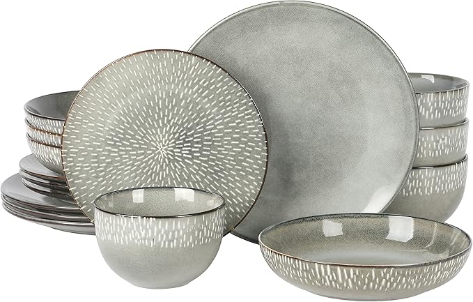 Gibson Elite Matisse 16-Piece Double Bowl Dinnerware Set, Service for 4 ??Green Stoneware Plates and Bowls