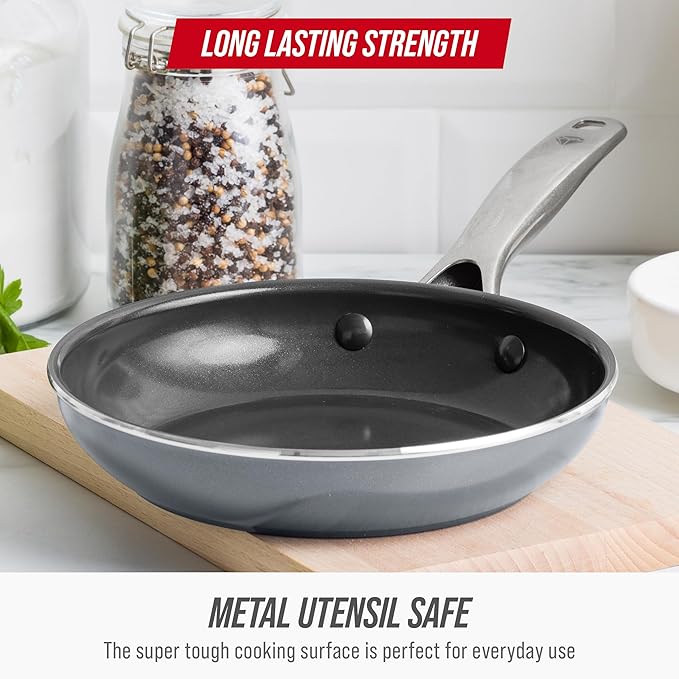 Blue Diamond Frying Pan 8??Skillet, Diamond Infused Healthy Ceramic Nonstick, PFAS and PFOA-Free, Dishwasher and Oven Safe, Even Heating, Metal Utensil Safe, Warp Control Base, Grey