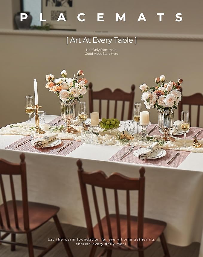 Leetaltree Luxury Pink Iridescent Placemats Set of 8 - Waterproof Washable for Wedding, Anniversary, Festive and Daily Use - Sparkling Table Mats Table Decor - Hand-Cut