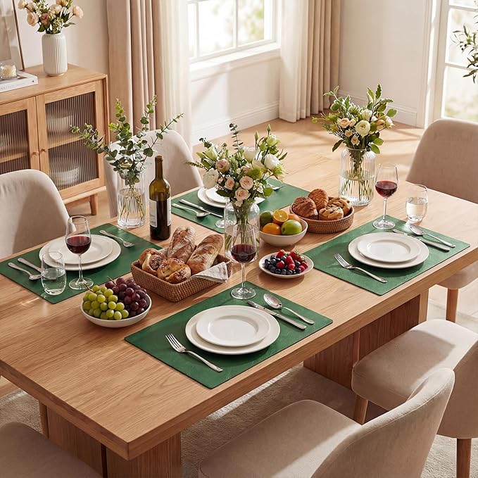 Artoid Mode Green Faux Leather Placemats Set of 4, 12x18 Inch Waterproof Wipeable Heat Resistant Place Mats, Reversible Table Mats for St. Patrick's Day Dining Decor