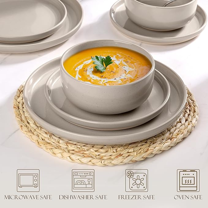 LIANYU Plates and Bowls Dish Sets for 4, 12PCS Stoneware Dinnerware Set, Speckled Dishware Includes Dinner Salad Plates, Cereal Bowls, Scratch Resistant, Milky Brown