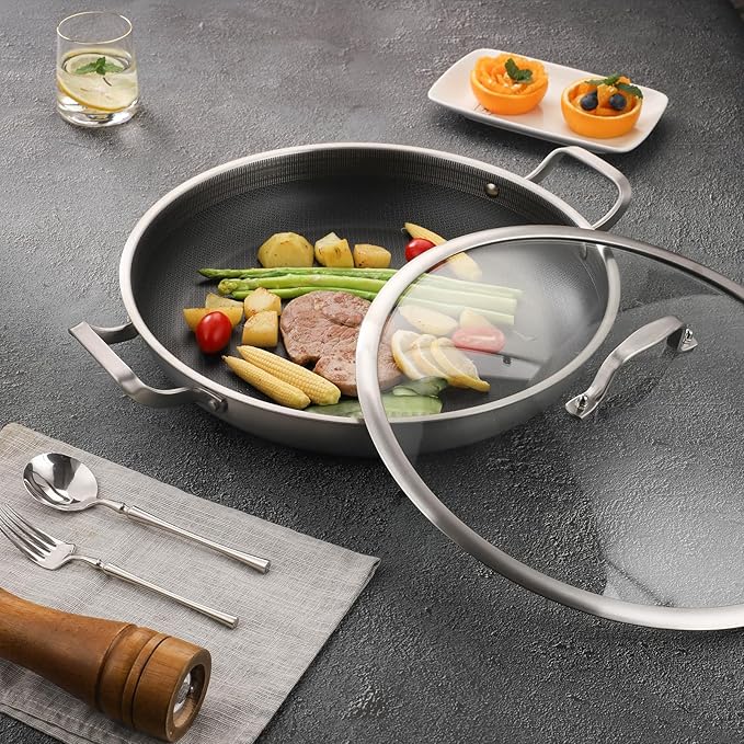 Tri-Ply Stainless Steel Paella Pan Large Saute Pan with Lid (Stainless Steel, Hybrid 12INCH)
