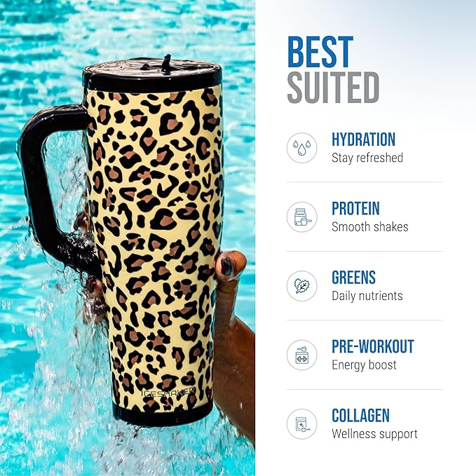 Ice Shaker 40 oz Tumbler with Handle and Straw | 40oz Leopard | Cold for 30+ Hours | 2-in-1 Tumbler Shaker Bottle | Odor-Free 40 ounce Bottle for Water, Protein Shakes, Smoothies, Cocktails