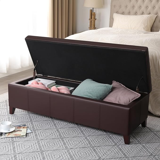 DECO DE VILLE 51 Inch Storage Ottoman Bench, Faux Leather Foot Rest with Hinged Lid, Long Rectangle Bed Bench for Living Room, Bedroom, Entryway, Coffee Brown