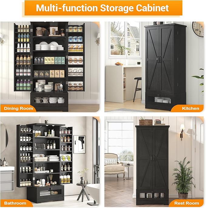 Kitchen Pantry Cabinet, Pantry Storage Cabinet with Adjustable Shelves and Drawer, Kitchen Buffet Cupboards Storage Shelf for Home Office Use (Black, 16" D x 24" W x 55" H)