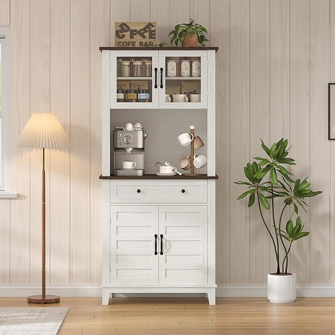 Elegant White Modern Wood Pantry Coffee Cabinet with Ample Storage, Spacious 72" Tall Kitchen Bar Cabinet Hutch Featuring 4 Stylish Glass Doors & 1 Smooth Drawer, Versatile Stand-Alone Food Pantry