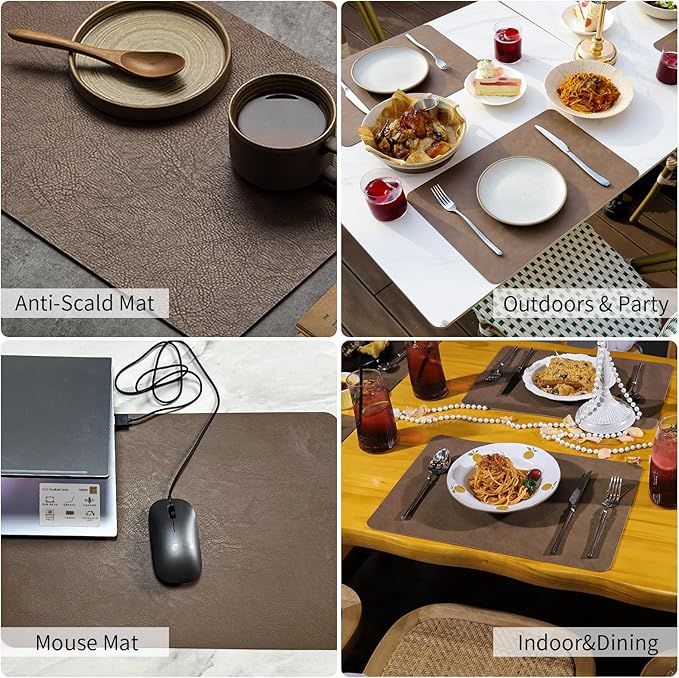 EDanle Cowhide Pattern Faux Leather Placemats Set of 6,Heat Resistant Non-Slip Waterproof Wipeable Washable Kitchen Dining PU Table Place Mats,Double-Sides Available,Dark Brown