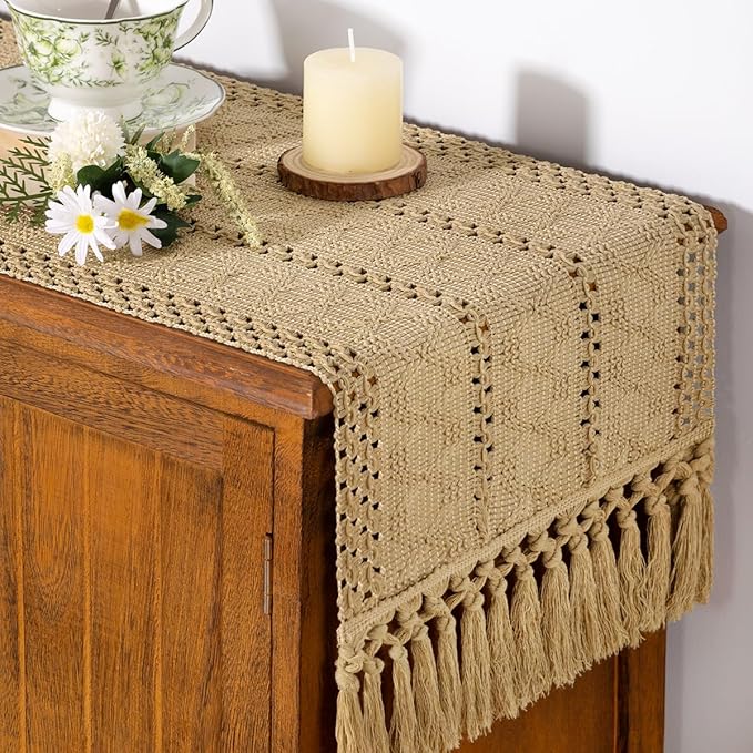 Socomi Boho Table Runner Macrame Valentine's Day Farmhouse Woven Cotton Linen Rustic Coffee Table Runner with Tassels for Small Dresser Scarf Home Decor Dining Room 12x72 inch Champagne