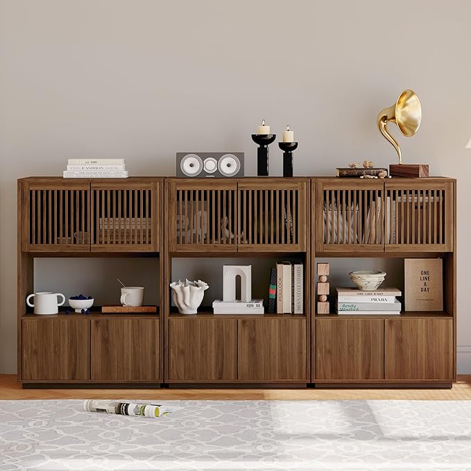 NessCarsti 33.46" Mid-Century Modern Wooden Storage Cabinet, Freestanding Buffet Sideboard with Grille Striped Doors, Open Shelf and Enclosed Compartments, Walnut for Dining Room, Kitchen, Living Room