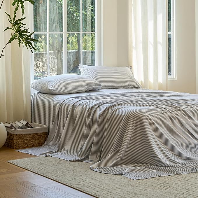 DOZ Sheet Set, 100% Viscose derived from Bamboo, Organically Grown, Buttery Soft, Cooling Sheets, High GSM, Deep Pockets - 2 Piece - 1 Pillowcase 1 Fitted Sheet (Stripe, Twin XL)