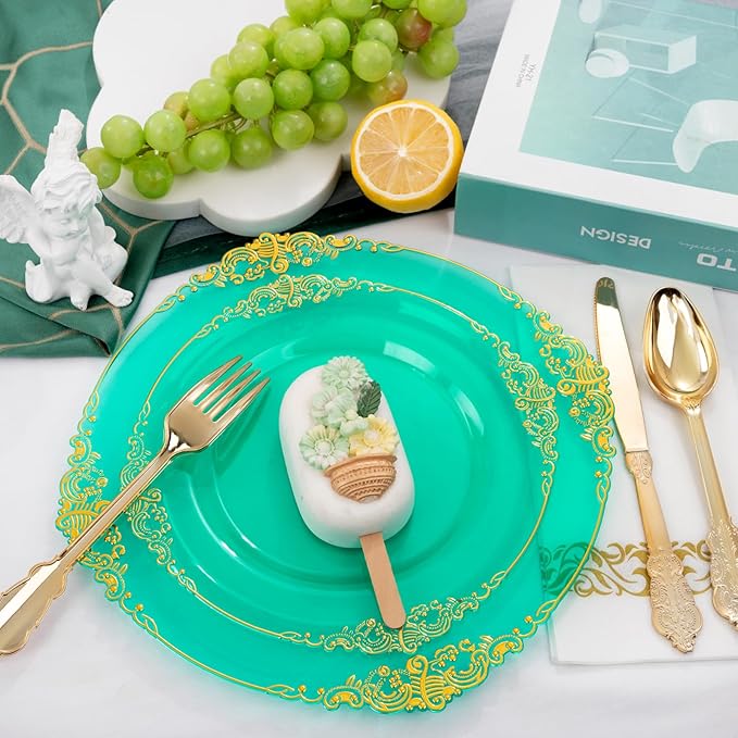 Hioasis 175pcs Clear Green Plastic Plates - Elegant Disposable Dinnerware Set Suitable for 25 Guests Include 10.25" Dinner & 7.5" Dessert Plates, Cutlery, Napkins, Cups for Party & Wedding