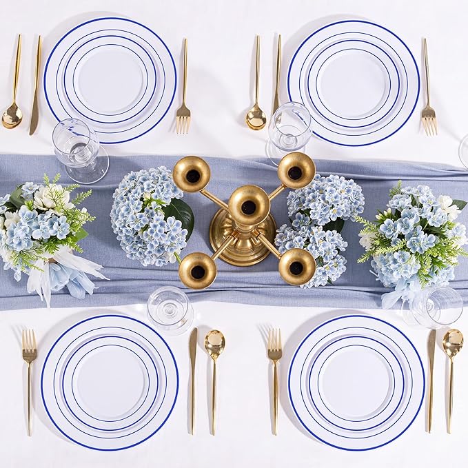 U-QE 100pcs Blue Plastic Plates for Party - Blue Plates Disposable Heavy Duty - Premium Plates Include 50 10" Dinner and 50 7" Dessert Plate, Perfect for Party, Wedding & Birthday