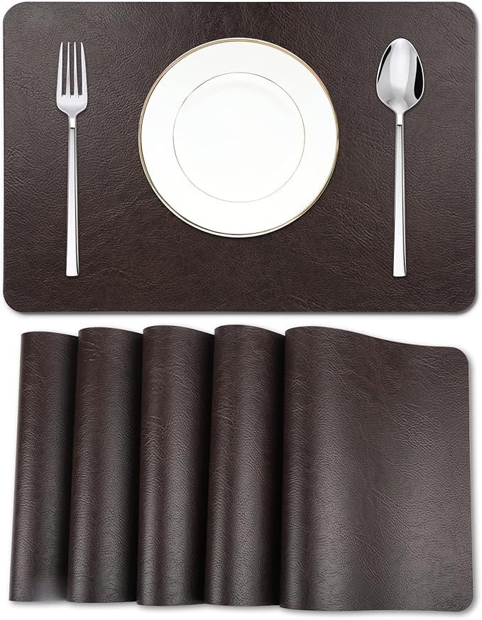 EDanle Cowhide Pattern Faux Leather Placemats Set of 6,Heat Resistant Non-Slip Waterproof Wipeable Washable Kitchen Dining PU Table Place Mats,Double-Sides Available,Black Brown