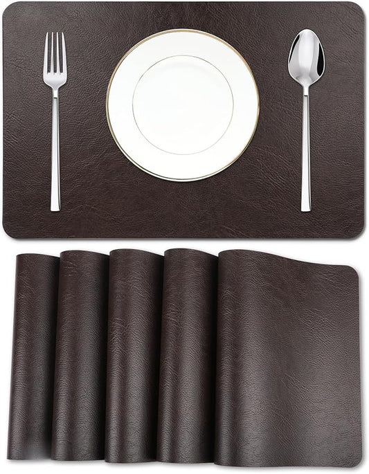 EDanle Cowhide Pattern Faux Leather Placemats Set of 6,Heat Resistant Non-Slip Waterproof Wipeable Washable Kitchen Dining PU Table Place Mats,Double-Sides Available,Black Brown