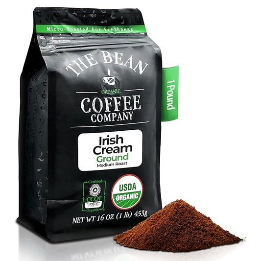The Bean Organic Coffee Company Irish Cream, Medium Roast, Ground Coffee, 16-Ounce Bag, Caf챕 molido tostado org찼nico