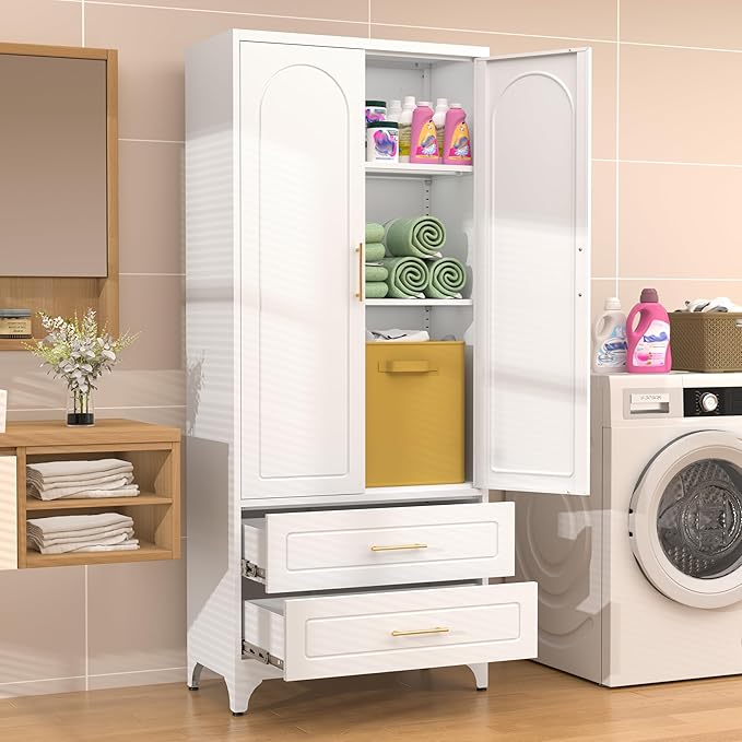 75??Tall Kitchen Pantry Cabinet,Metal Storage Cabinets with Doors and Adjustable Shelves竊똌odern Kitchen Hutch Cabinet,Freestanding Cupboard for Dining Room