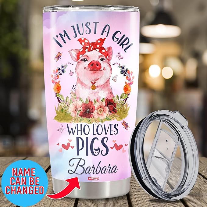WAZONE Personalized Pig Tumbler Cup Customize Name Just A Girl Who Loves Pigs Stainless Steel Insulated Pink 20oz 30oz Travel Coffee Mug With Lid Birthday Christmas Gifts For Mom Women Girls