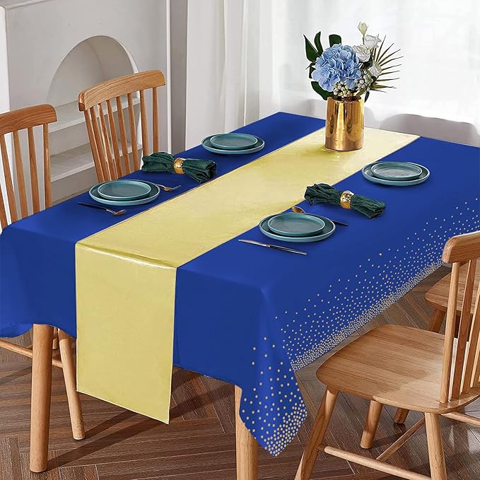16Pack Disposable Plastic Tablecloths and Satin Table Runner Set Blue and Gold Dot Tablecloth Gold Satin Table Runner for Wedding Birthday Baby Shower Anniversary Christmas New Year Party Decorations