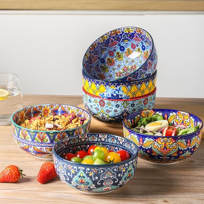 glowworm Cereal Bowls Set of 6, 26 Oz Ceramic Soup Bowls for Kitchen, Colorful Cereal Bowls for Rice, Oatmeal, Fruit, Ice Cream, Dessert, Dishwasher & Microwave safe, Bohemian