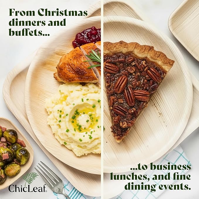 Chic Leaf Compostable & Biodegradable Palm Leaf Disposable Bamboo Plates - Disposable Party Plates for Appetizers - Christmas Meal Dinner, Turkey Holiday Food - Reusable Supplies (10 & 7 Inch Square)