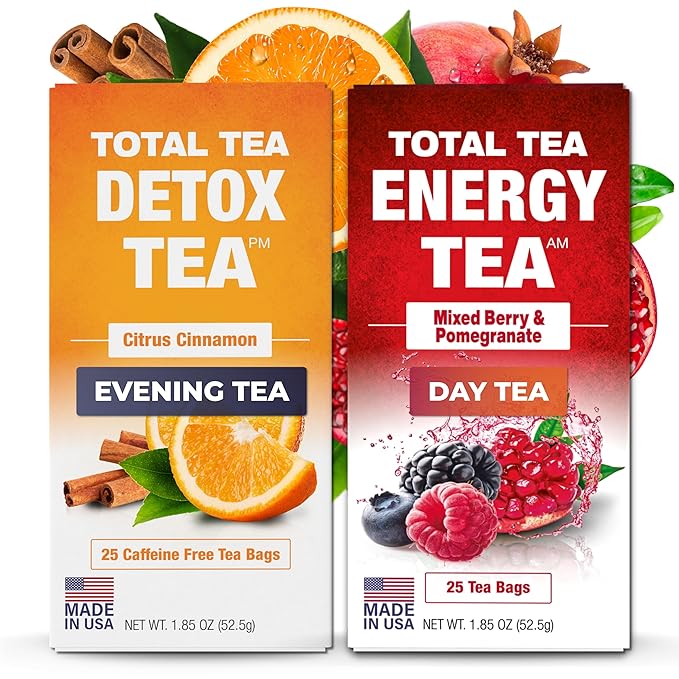 Total Tea Detox Tea & Energy Set - 25 Day Detox - Herbal SIim Tea with Chamomile - Hibiscus Tea and Ginger Root for Colon Cleanse ??Natural Citrus & Cinnamon Fruit Tea for Digestive Health