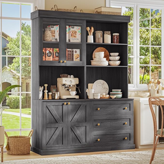 71" Tall Farmhouse Kitchen Pantry, Large Storage Cabinet with Glass Doors and Drawers, Freestanding Coffee Bar Hutch with Microwave Stand, Adjustable Shelves for Kitchen, Living Room, Black 3 Pcs