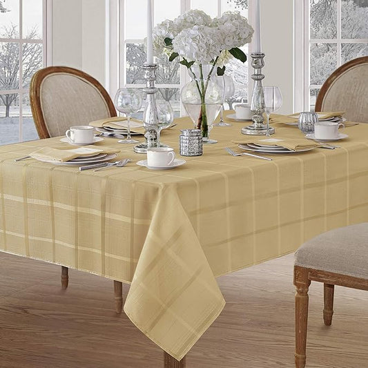Newbridge 60 x 102 Inch Rectangle Fabric Tablecloth, Elegance Plaid, 100% Polyester, No Iron Soil Resistant Dining Room, Party and Banquet Table Cover, Solid Textured, Ribbon Gold