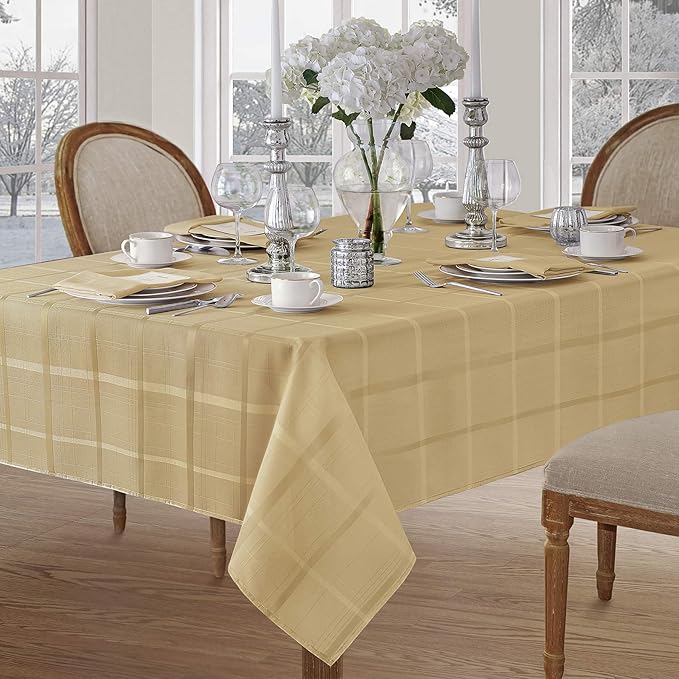 Newbridge 52 x 52 Inch Square Fabric Tablecloth, Elegance Plaid, 100% Polyester, No Iron Soil Resistant Dining Room, Party and Banquet Table Cover, Solid Textured, Ribbon Gold