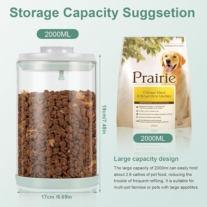 Dog Treat Container Airtight Jar 2.2Qt/2L, Glass Food Jars with One-Touch Lid for Dog or Cat Treats, Kibble, Snacks ??Pantry Storage Canister for Kitchen or Countertop (2.2Qt - 2L)