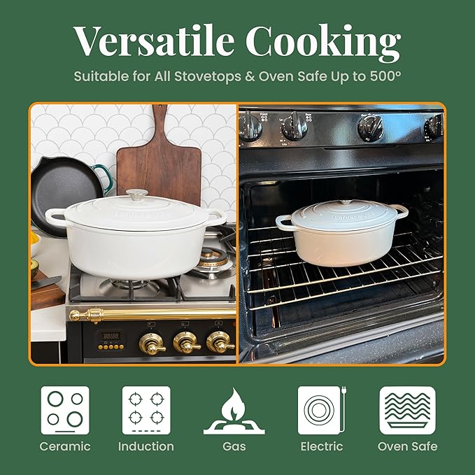 Larder & Vine Enameled Cast Iron 8 qt Dutch Oven Pot with Lid | Bread Baking | Compatible on All Cooktops & Oven Safe to 500째 F | Great for Sourdough Bread | White