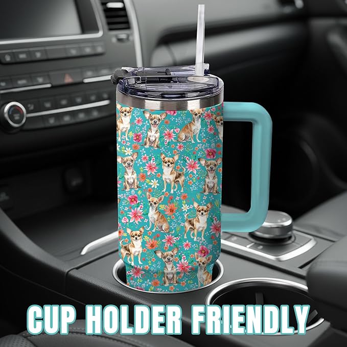 Yogusut Chihuahua Gifts for Women, 40oz Stainless Steel Insulated Tumbler Travel Mug Cup with Handle Straw, Gifts for Dog Mom Dog Lover