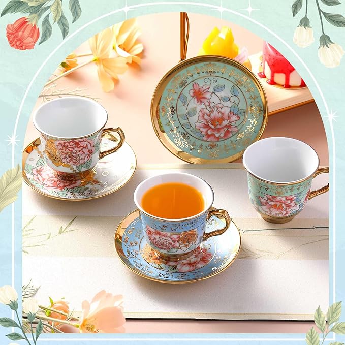 Set of 6 Tea Cups and Saucers Tea Party Decorations Floral Porcelain 5.4 oz British Gift for Women Birthday Party, Church, and Mother's Day (Classic Style)