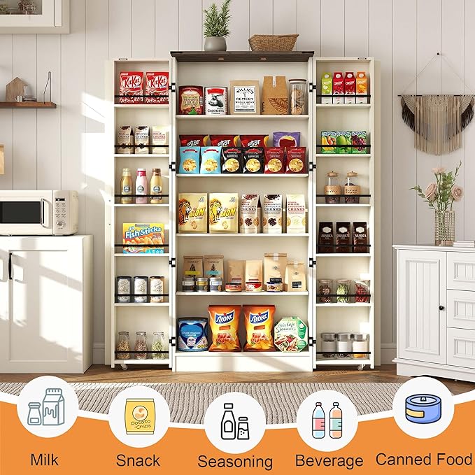 Tall Kitchen Pantry Cabinet: 67" Off White Farmhouse Pantry Cabinet for Kitchen Storage, Large Wood Food Storage Cabinet with Doors, Freestanding Food Cupboard