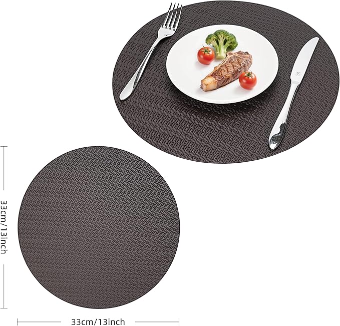 PROMATTOO Round Faux Leather Placemats Set of 6 – 13 Inch Vinyl Mats, Heat Resistant, Non Slip, Wipeable & Washable, Easy to Clean Dining Table Decor for Kitchen & Holiday Gatherings（Black）