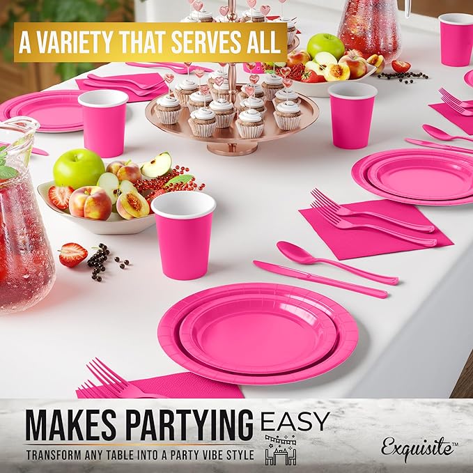 Exquisite 350 Pcs Hot Pink Paper Plates For Party, Hot Pink Disposable Plates Set, 50 Of Each 9" Dinner Plate Set, 7" Dessert Plate, Cups, Napkins & Cutlery Paper Dinnerware