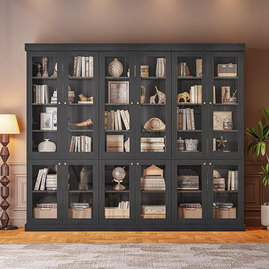 Vyre 70.8" Bookshelf with Glass Doors, Farmhouse Modular Bookcase with 6-Tier Adjustable Shelves, Large Storage Cabinet for Living Room & Home Office, Set of 3, Black