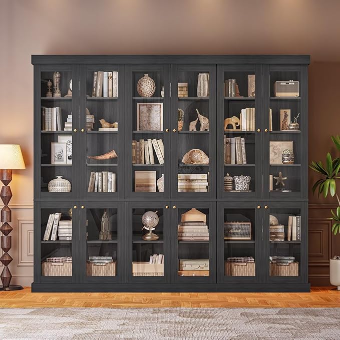 Vyre 70.8" Bookshelf with Glass Doors, Farmhouse Modular Bookcase with 6-Tier Adjustable Shelves, Large Storage Cabinet for Living Room & Home Office, Set of 2, Black