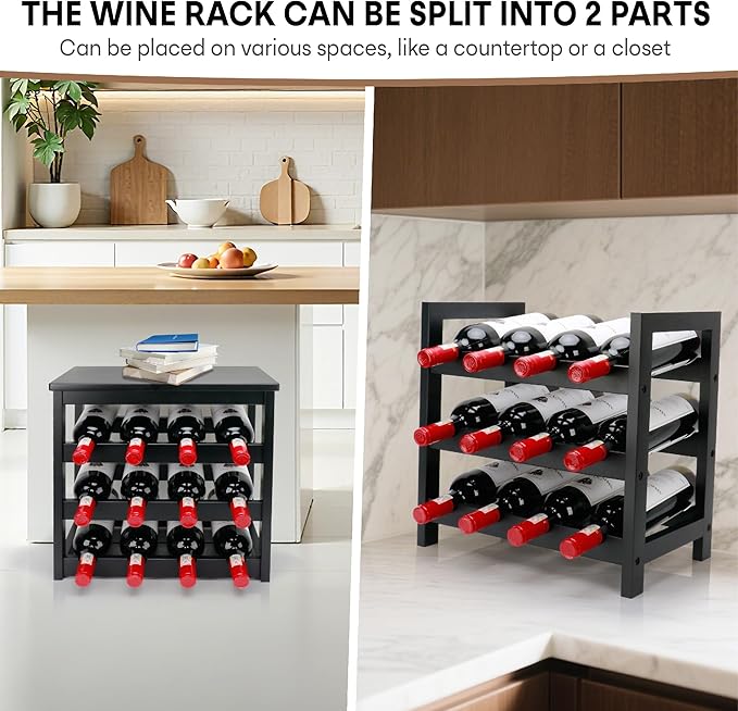 Wine Rack Free Standing Floor, 6-Tier 24 Bottles Display Wine Storage Shelves with Table Top, Easy-Assembly Freestanding Bamboo Wine Racks for Kitchen Dining Room Bar, Black