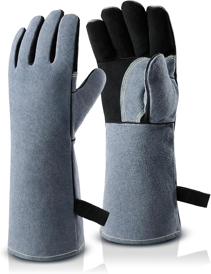 OZERO 932째F Heat Resistant Welding Gloves 16 inches Cowhide Leather - Long Sleeve and Insulated Lining BBQ Glove for Tig Welder/Mig/Grill/Barbecue/Stove Black-gray