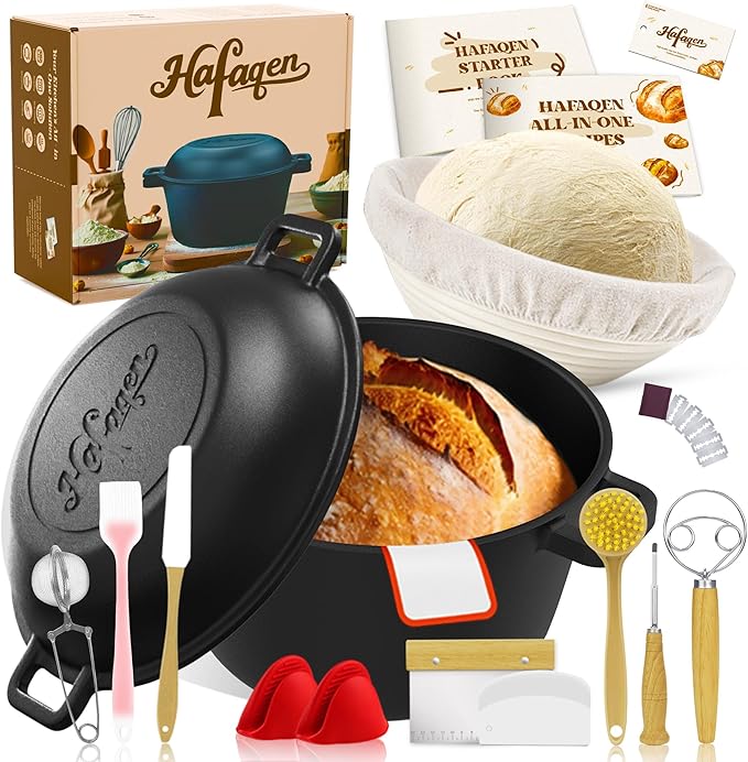 Cast Iron Dutch Ovens for Sourdough Bread Baking, 5 QT Pre-Seasoned Dutch Oven Pot with Lid, Bread Baking Supplies Set, Multi-Functional Braising Cast Iron pot for Baking, Sourdough Starter Kit (Upgraded 5QT)