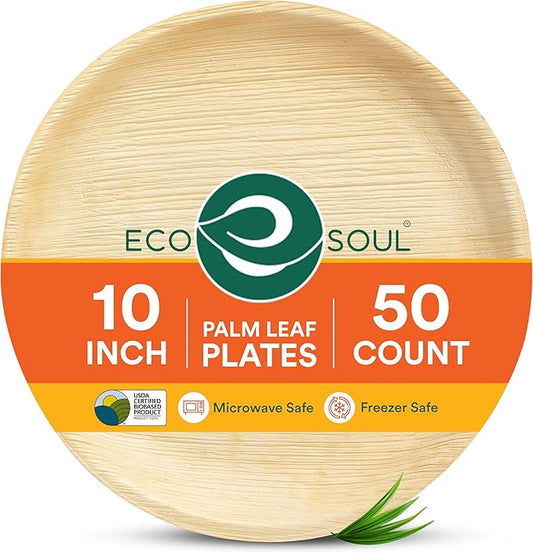 ECO SOUL Palm Leaf Disposable Bamboo Plates 10" Round Compostable & Biodegradable Party Plates for Christmas Dinner, Weddings, Parties & Events 50 Count