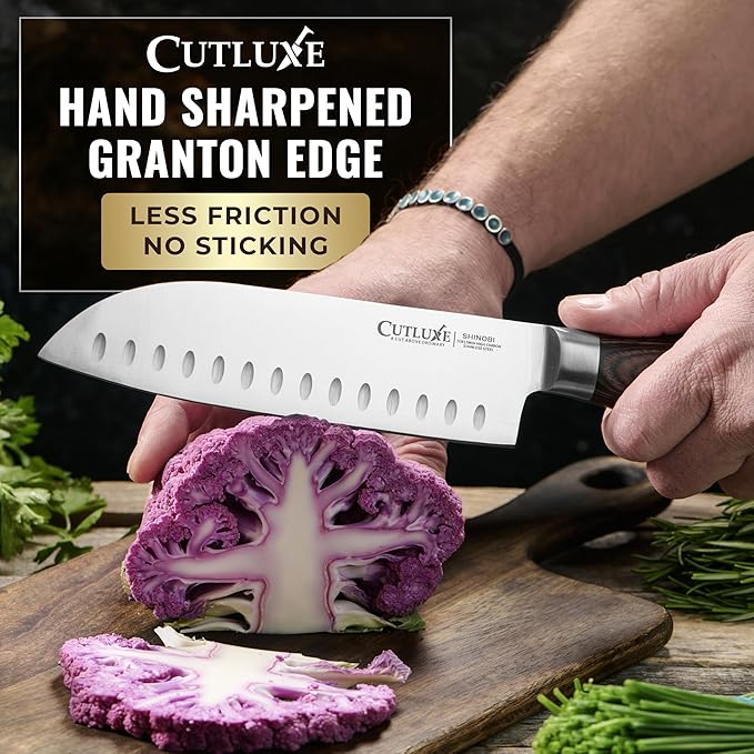 Santoku Knife ??Ultra Sharp 7 Inch Meat and Vegetable Japanese Knife for Chopping, High Carbon Stainless Steel Blade, Full Tang Pakkawood Handle ??Shinobi Series