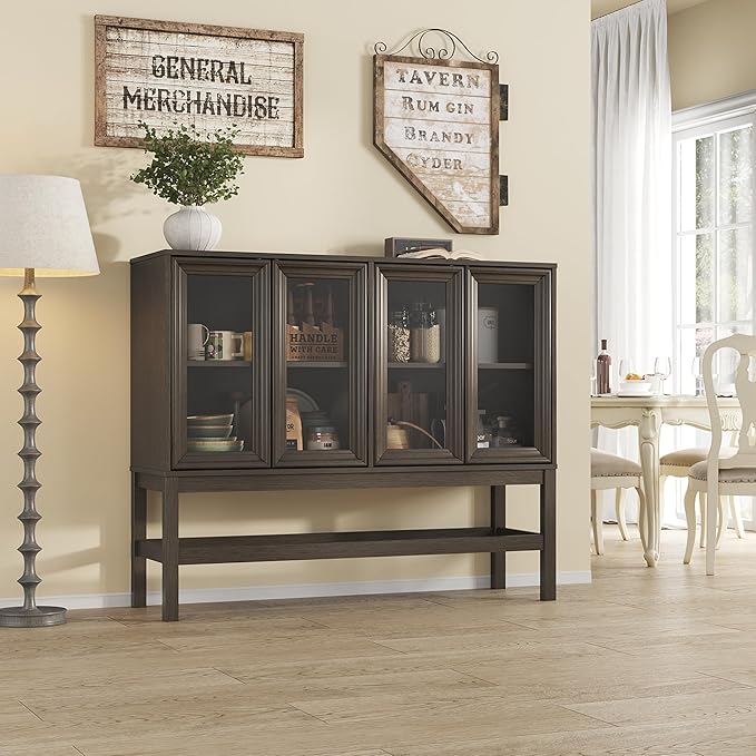 Sideboard Buffet Cabinet with Storage, Large Kitchen Coffee Wine Bar Cabinet with Glass Press-to-Open Doors, Wood Mid Century Modern Side Board Table for Dining Room, Living Room