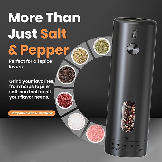Electric Salt & Pepper Grinder Set 110mL Capacity ??Automatic Battery Operated Shakers, 5-Level Adjustable Coarseness, 1 Touch Operation, Type C Charging