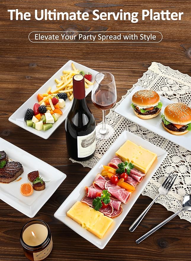Yedio 14??White Porcelain Serving Platters, Elegant Large Rectangular Plates Trays for Dinner Parties, Appetizers, Sushi, Desserts & More, Microwave & Dishwasher Safe, Set of 4
