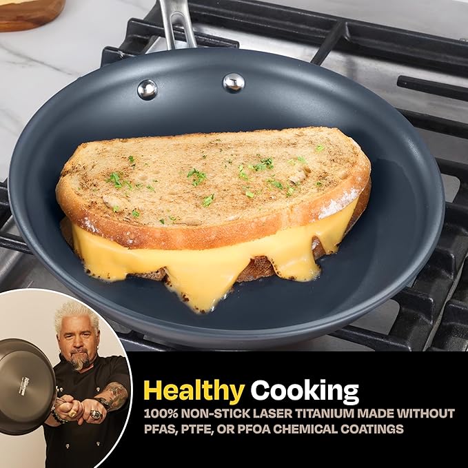 Guy Fieri's Flavortown Laser Titanium 12??Fry Pan with Lid - Non-stick Cookware Without PFAS, PTFE, or PFOA, 3x More Durable, Dishwasher Safe, Oven Safe
