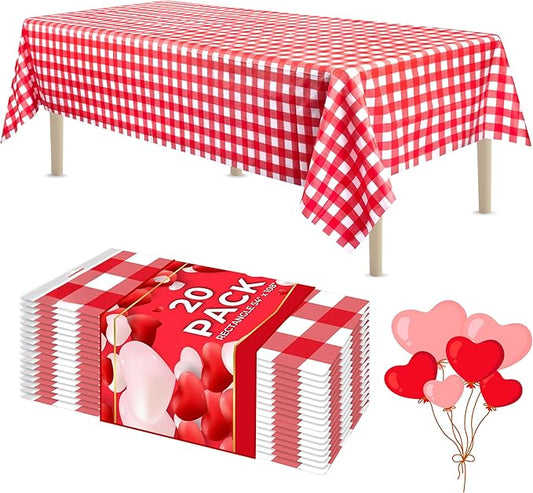 LEMON + Co. Red Gingham Rectangle Table Cover Disposable Plastic Tablecloth 54 Inch. x 108 Inch. Premium Decorative Rectangle Table Cover 20 Pack